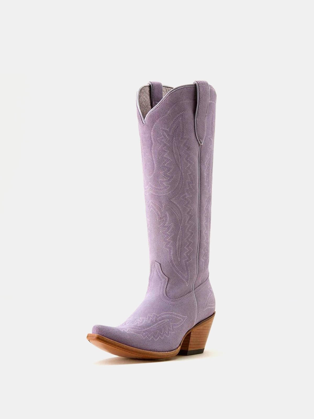 Western Embroidery Tall Snip-Toe Half-Zip Knee High Cowgirl Boots - Lavender Faux Suede