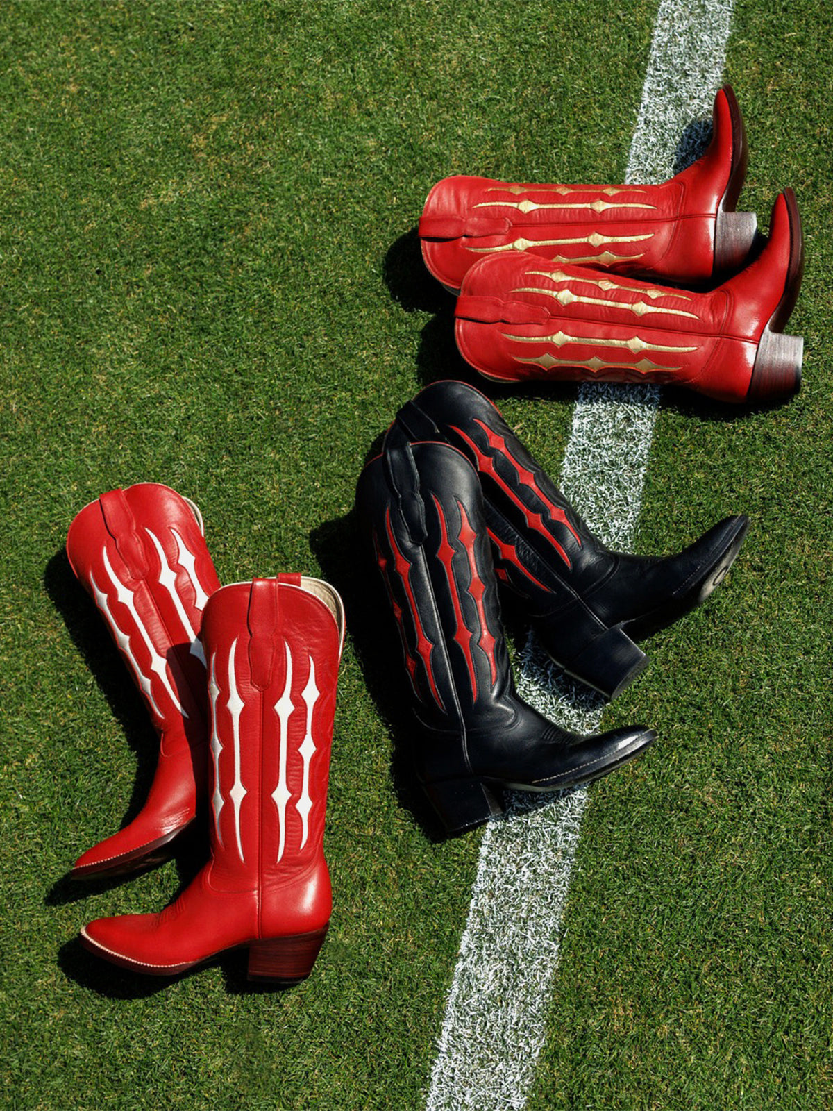 Red Contrast Metallic Gold Inlay Stitch Almond-Toe Wide Knee High Western Cowgirl Boots