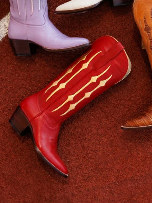 Red Contrast Metallic Gold Inlay Stitch Almond-Toe Wide Knee High Western Cowgirl Boots
