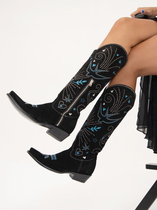 Black Faux Suede Snip-Toe Cosmic Embroidery Little Rhinestones Half-Zip Knee High Cowgirl Boots