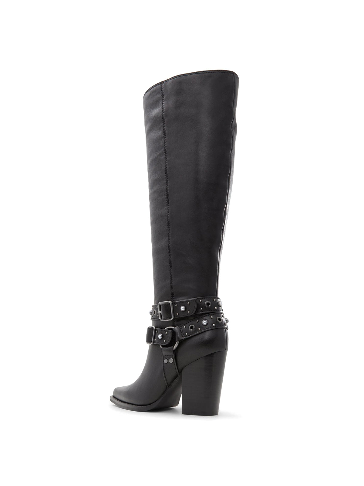 Black Pointed-Toe Double Straps Half-Zip Knee High Cowgirl Boots