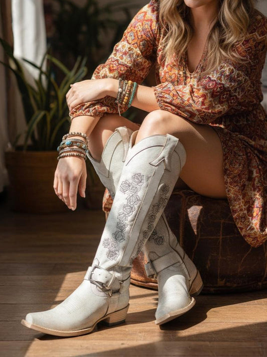 Distressed Taupe Snip-Toe Rose Embroidery Buckle Strap Half-Zip Knee High Cowgirl Boots