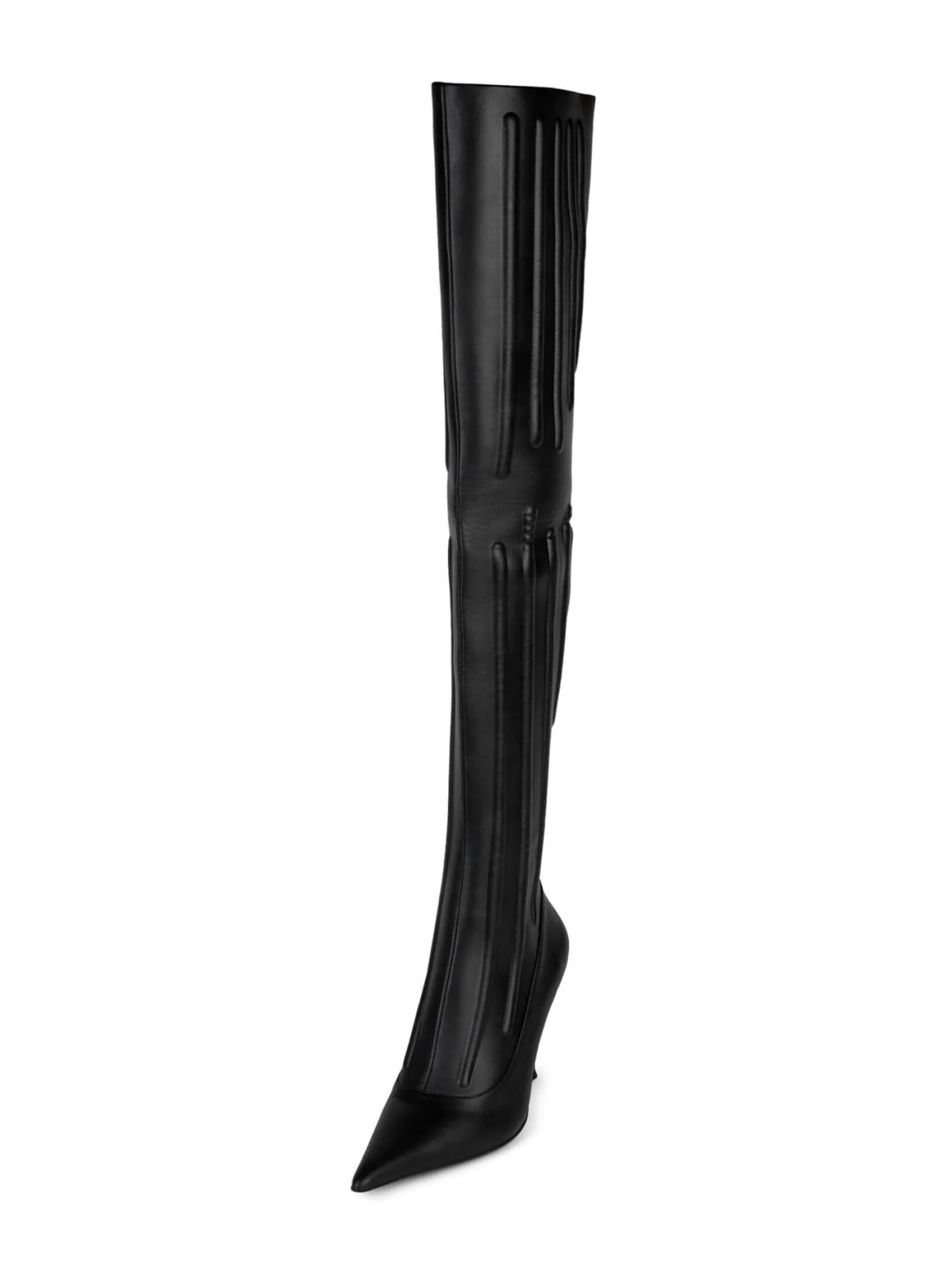 Black Pointed-Toe Padded Half-Zip Over-The-Knee Stiletto Boots