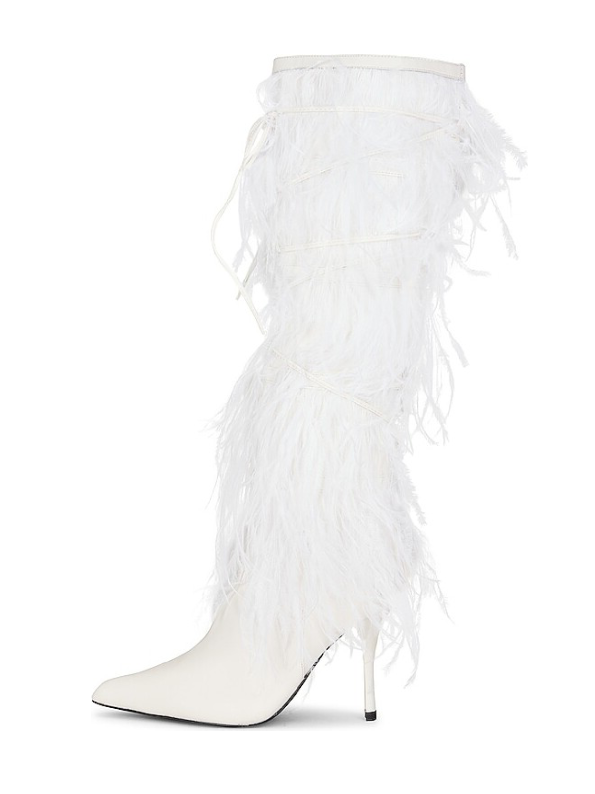 Patent Leather Pointed-Toe Faux Feather Wide Mid Calf Stiletto Boots - White