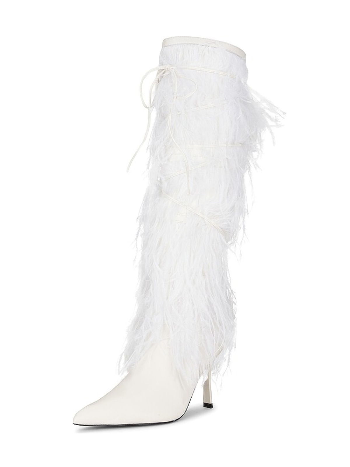 Patent Leather Pointed-Toe Faux Feather Wide Mid Calf Stiletto Boots - White