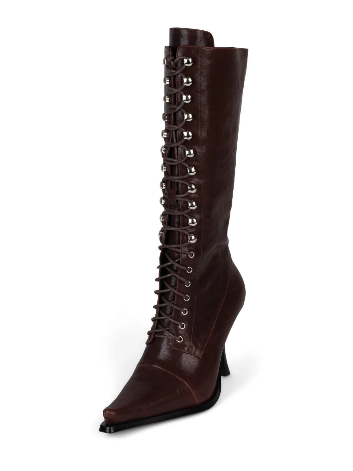 Lace-Up Pointed-Toe Full-Zip Mid Calf Stiletto Boots - Dark Brown