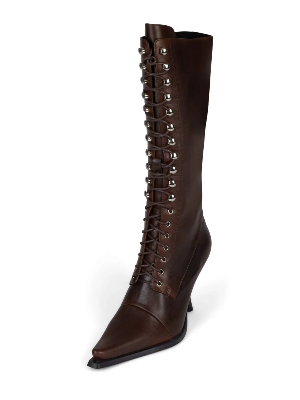 Lace-Up Pointed-Toe Full-Zip Mid Calf Stiletto Boots - Brown