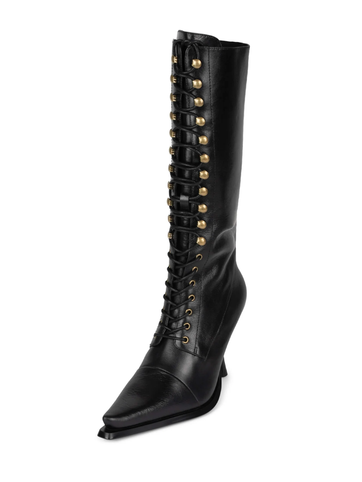 Lace-Up Pointed-Toe Full-Zip Mid Calf Stiletto Boots - Black