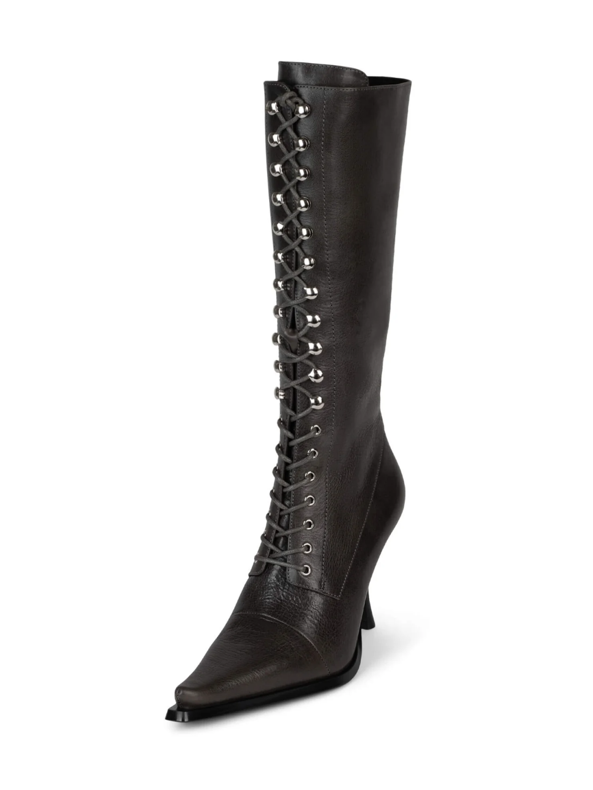 Lace-Up Pointed-Toe Full-Zip Mid Calf Stiletto Boots - Dark Gray