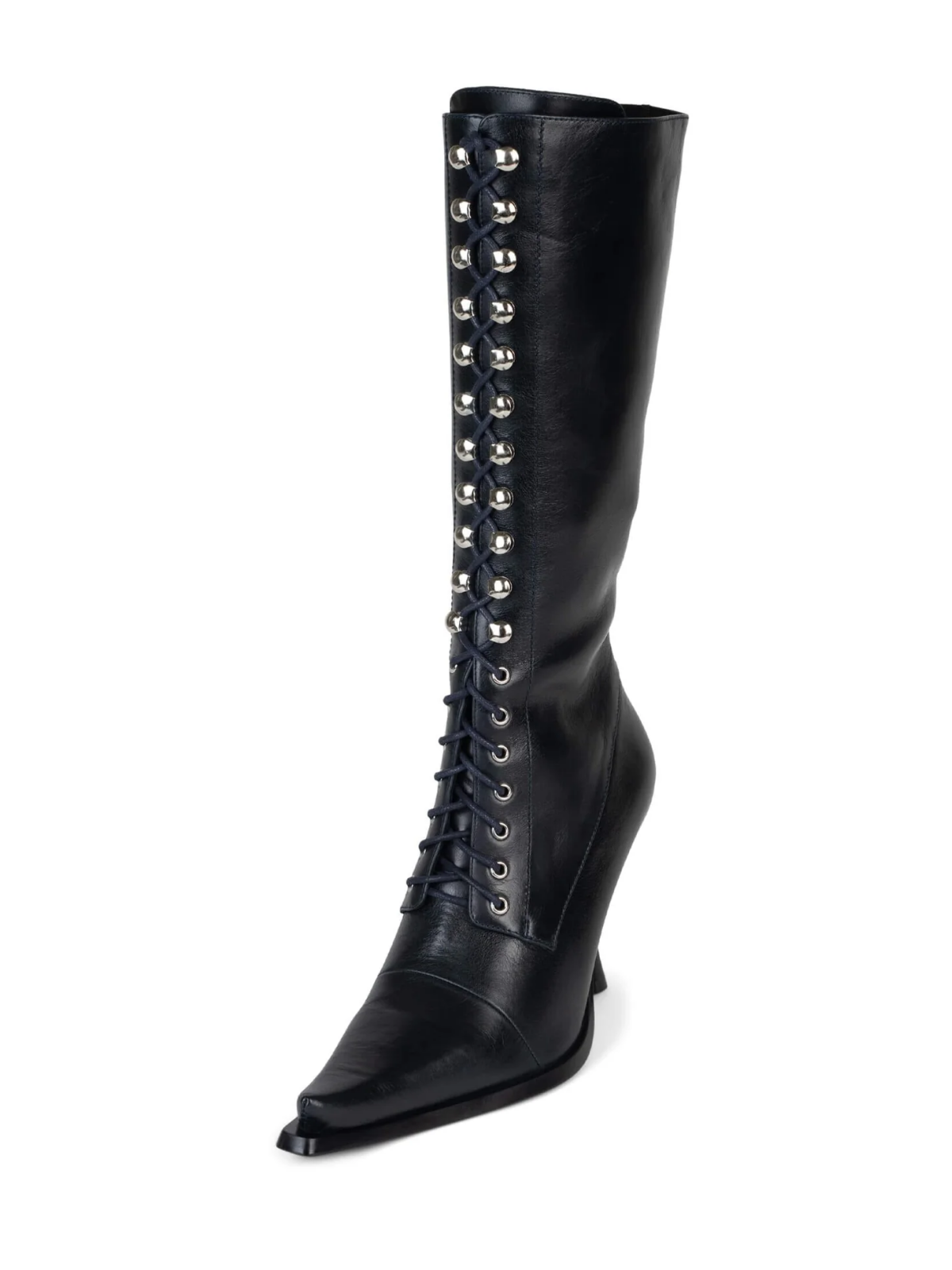 Lace-Up Pointed-Toe Full-Zip Mid Calf Stiletto Boots - Navy Blue