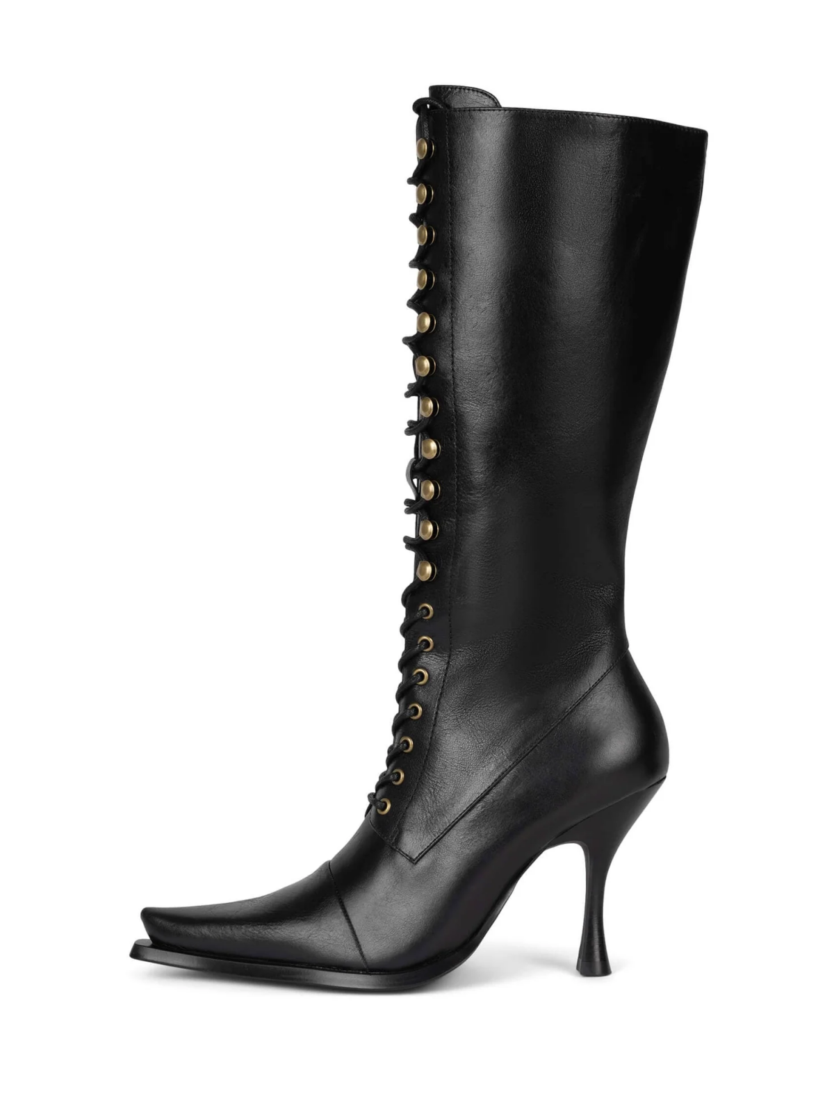 Lace-Up Pointed-Toe Full-Zip Mid Calf Stiletto Boots - Black