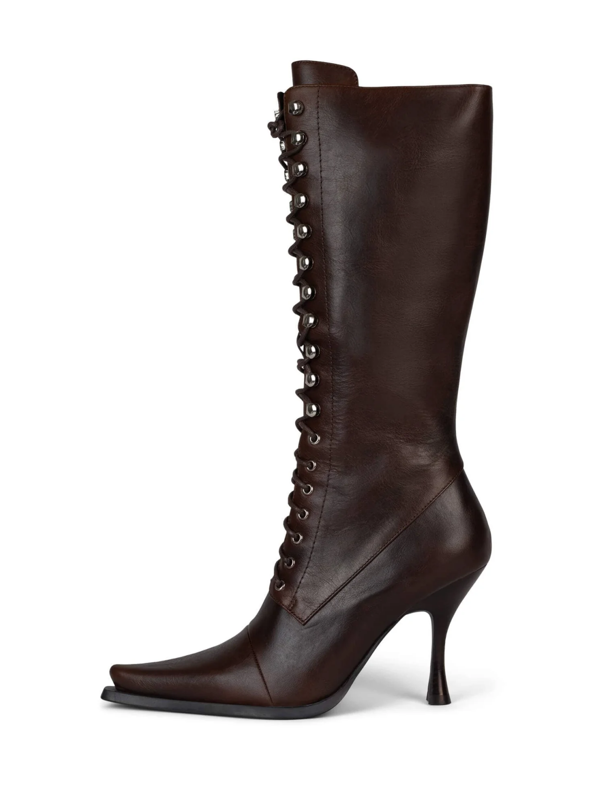 Lace-Up Pointed-Toe Full-Zip Mid Calf Stiletto Boots - Brown