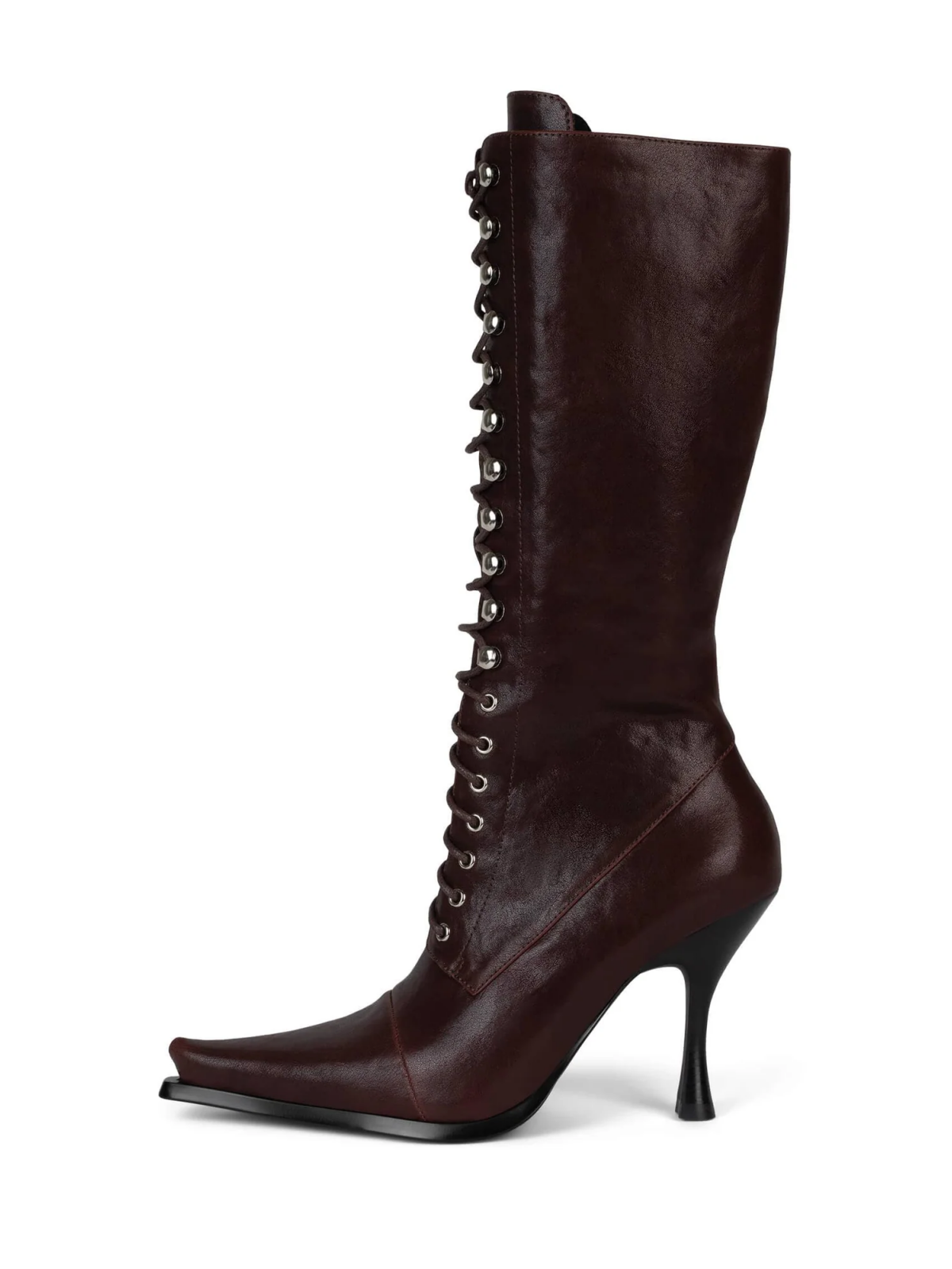 Lace-Up Pointed-Toe Full-Zip Mid Calf Stiletto Boots - Dark Brown