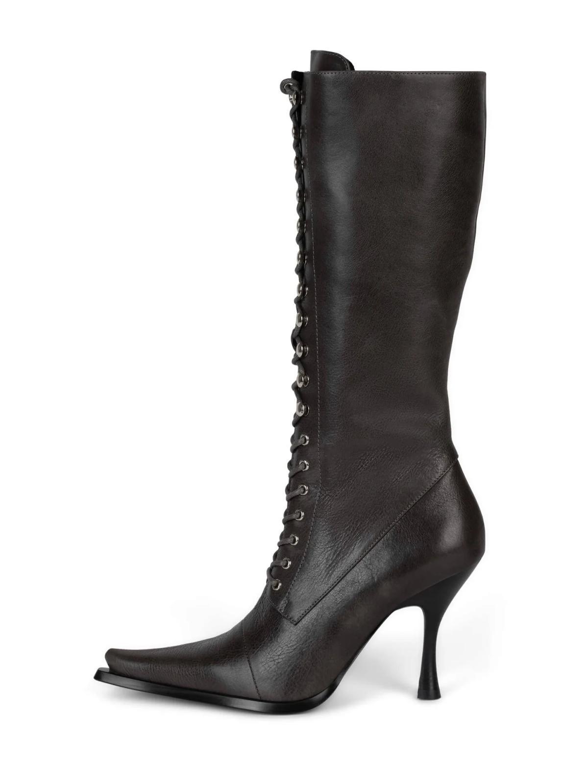 Lace-Up Pointed-Toe Full-Zip Mid Calf Stiletto Boots - Dark Gray