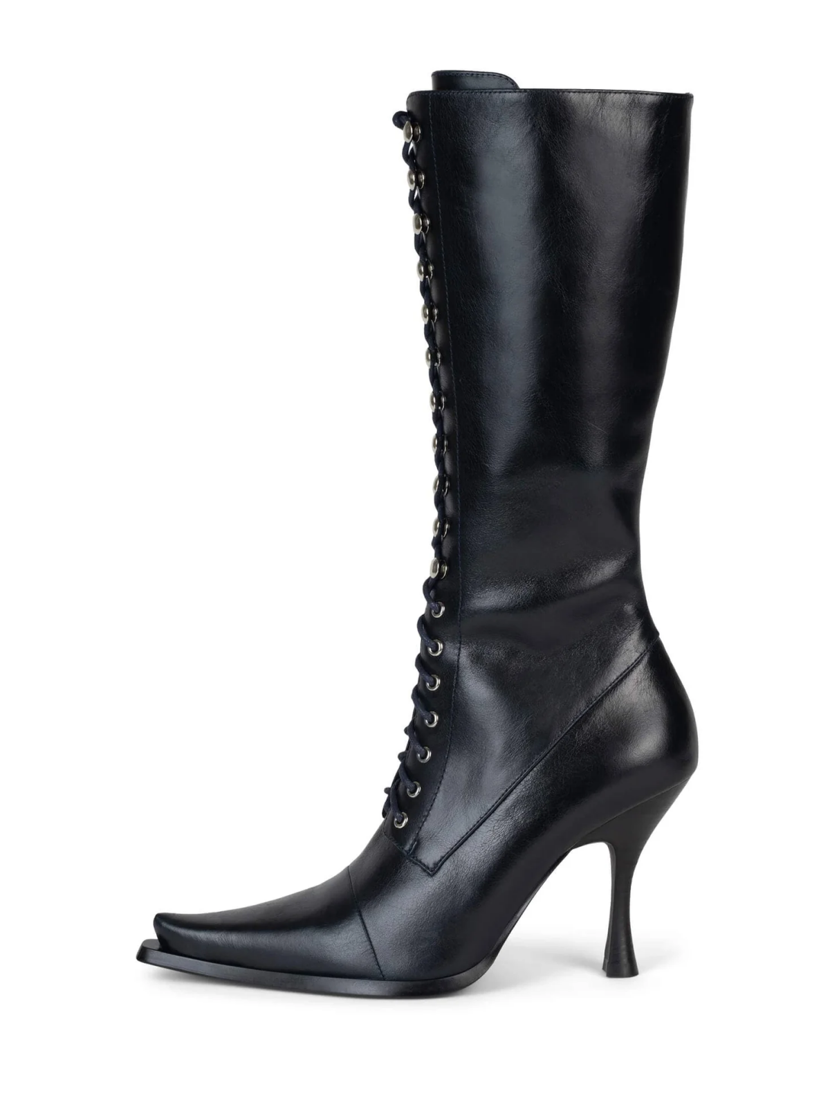 Lace-Up Pointed-Toe Full-Zip Mid Calf Stiletto Boots - Navy Blue