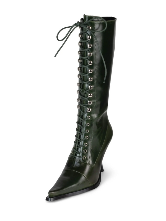 Lace-Up Pointed-Toe Full-Zip Mid Calf Stiletto Boots - Green