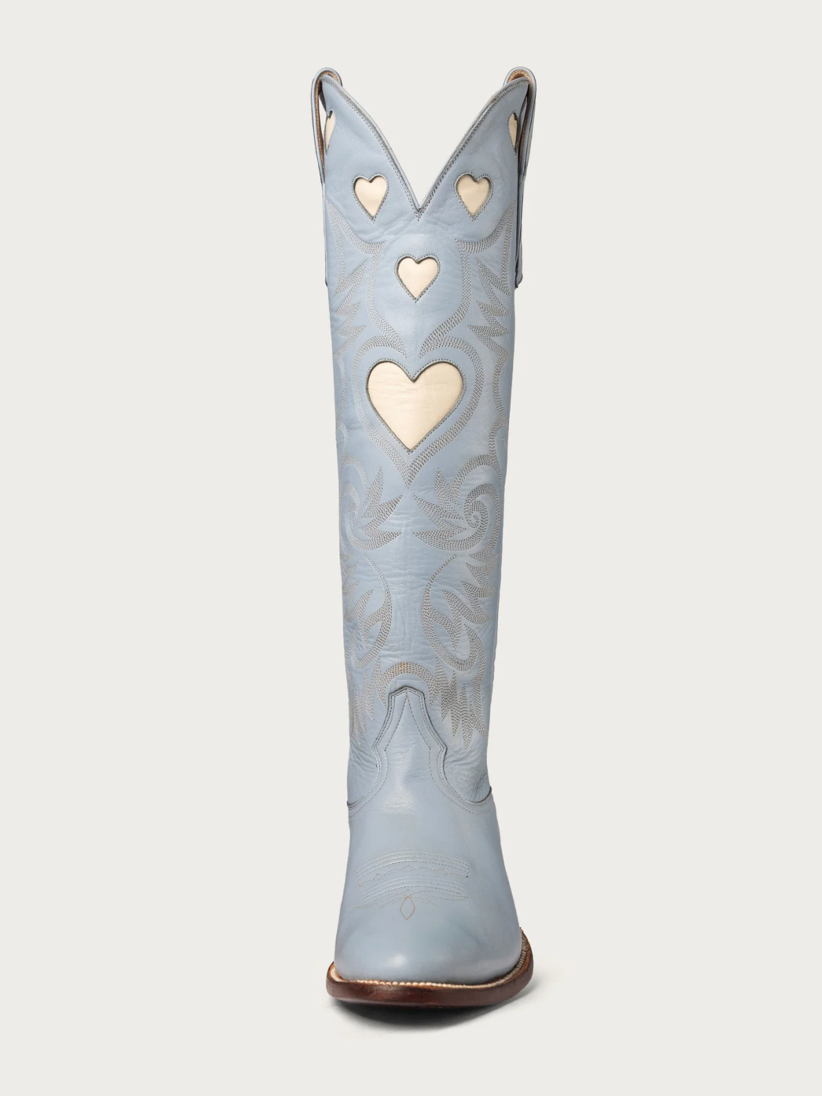 Ivory Heart Inlay Embroidery Almond-Toe Tall Wide Mid Calf Cowgirl Boots - Powder Blue