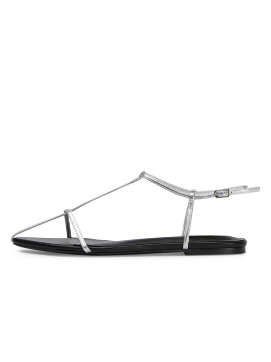 Metallic Silver Pointed-Toe T-Cross Strap Slingback Flats