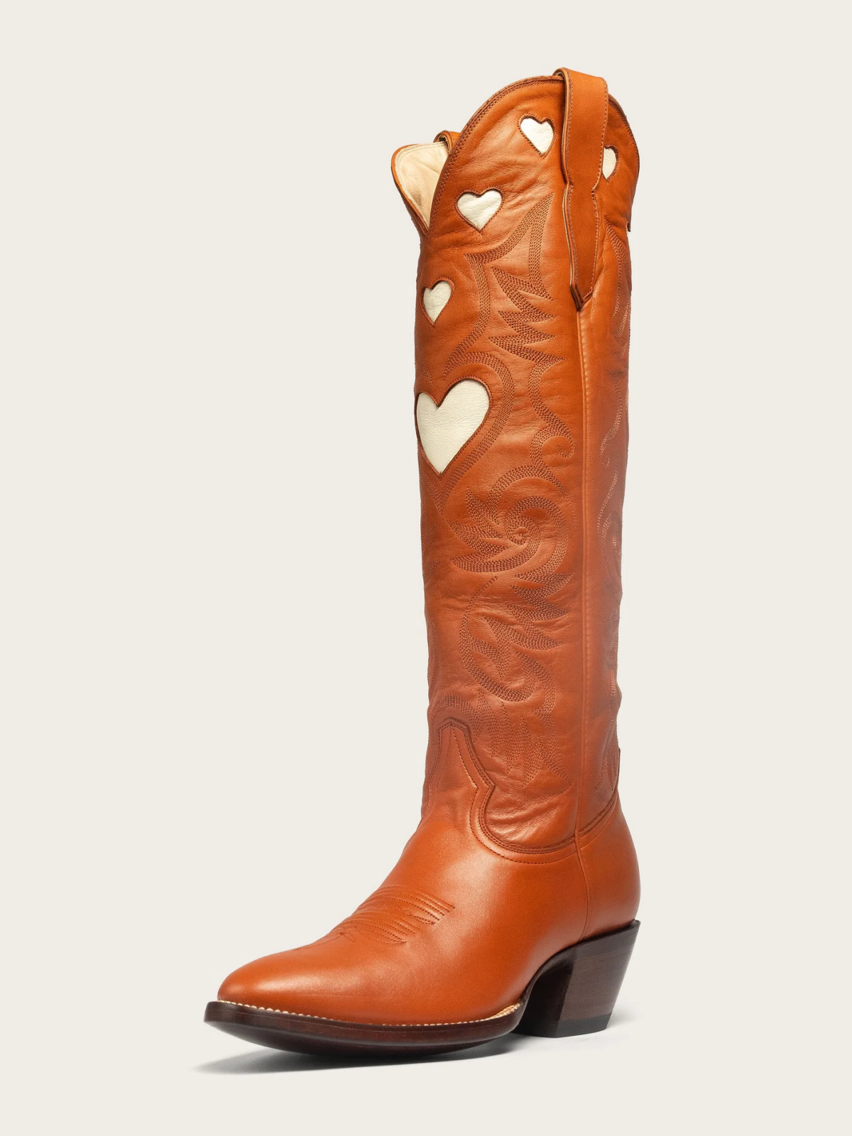 Ivory Heart Inlay Embroidery Almond-Toe Tall Wide Mid Calf Cowgirl Boots - Burnt Orange