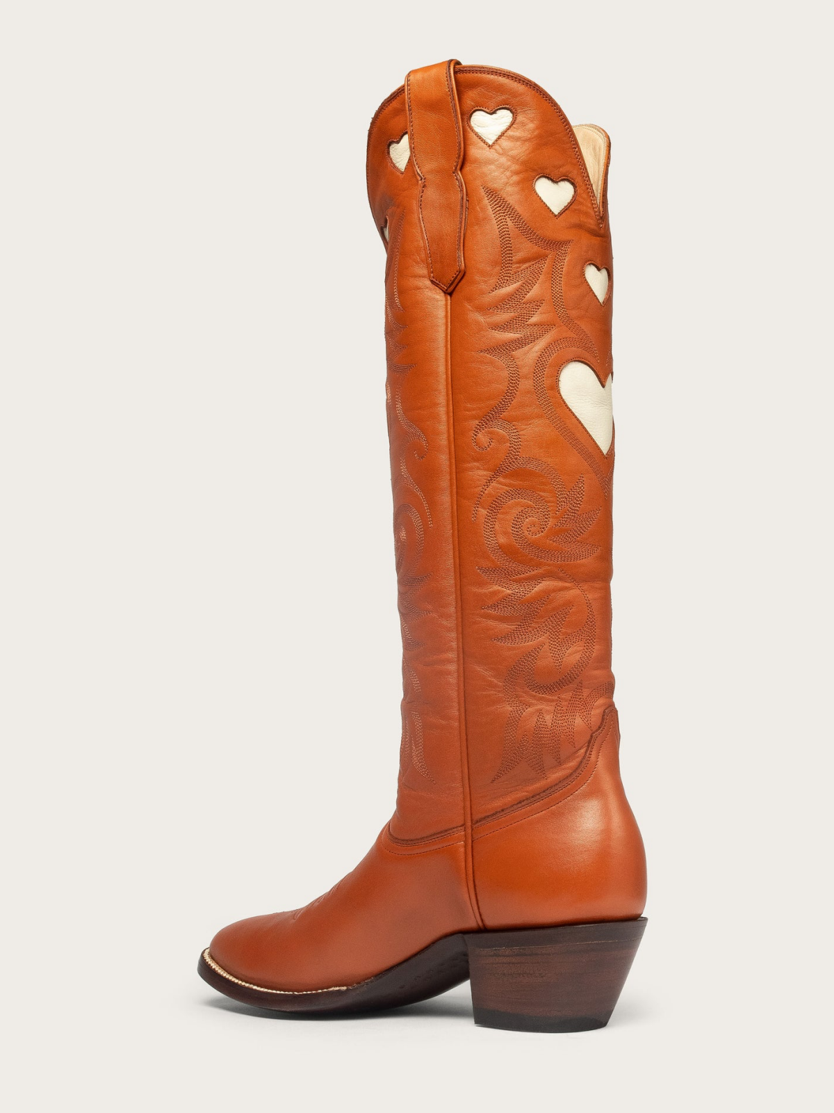 Ivory Heart Inlay Embroidery Almond-Toe Tall Wide Mid Calf Cowgirl Boots - Burnt Orange