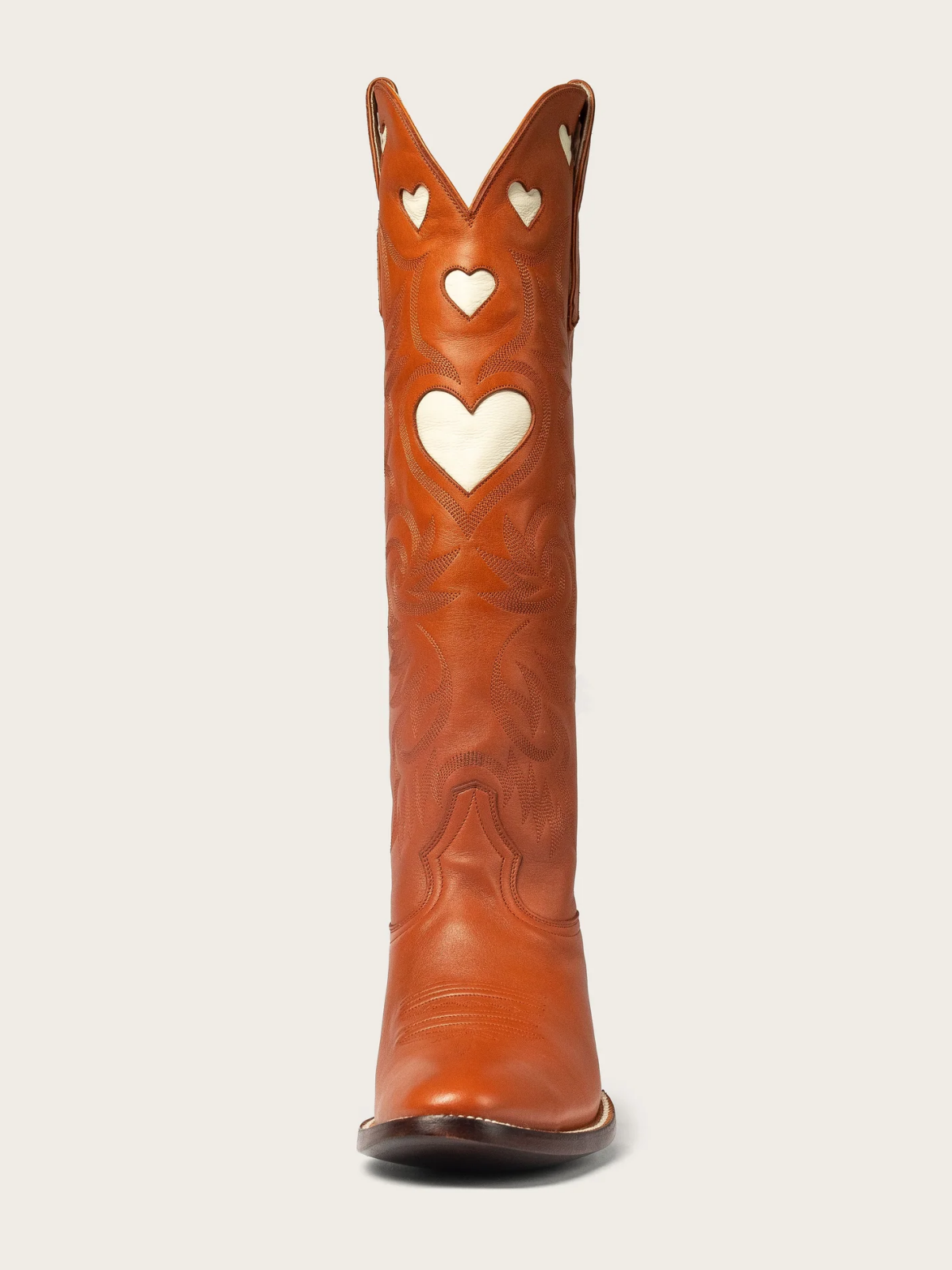 Ivory Heart Inlay Embroidery Almond-Toe Tall Wide Mid Calf Cowgirl Boots - Burnt Orange