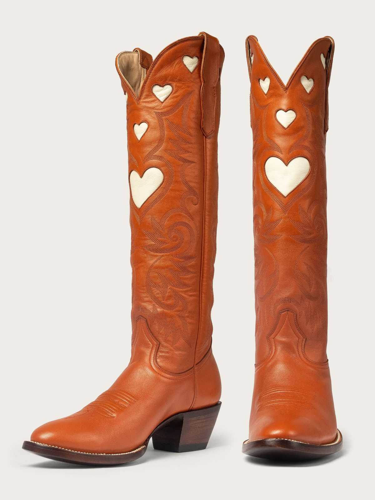 Ivory Heart Inlay Embroidery Almond-Toe Tall Wide Mid Calf Cowgirl Boots - Burnt Orange