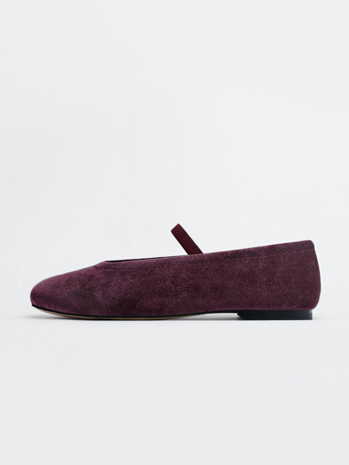 Light Burgundy Velvet Oval-Toe Ballet Flats Mary Janes With Elastic Strap