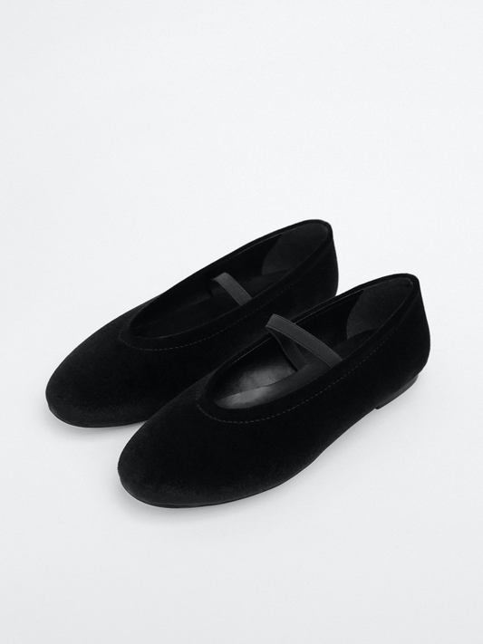 Black Velvet Oval-Toe Ballet Flats Mary Janes With Elastic Strap