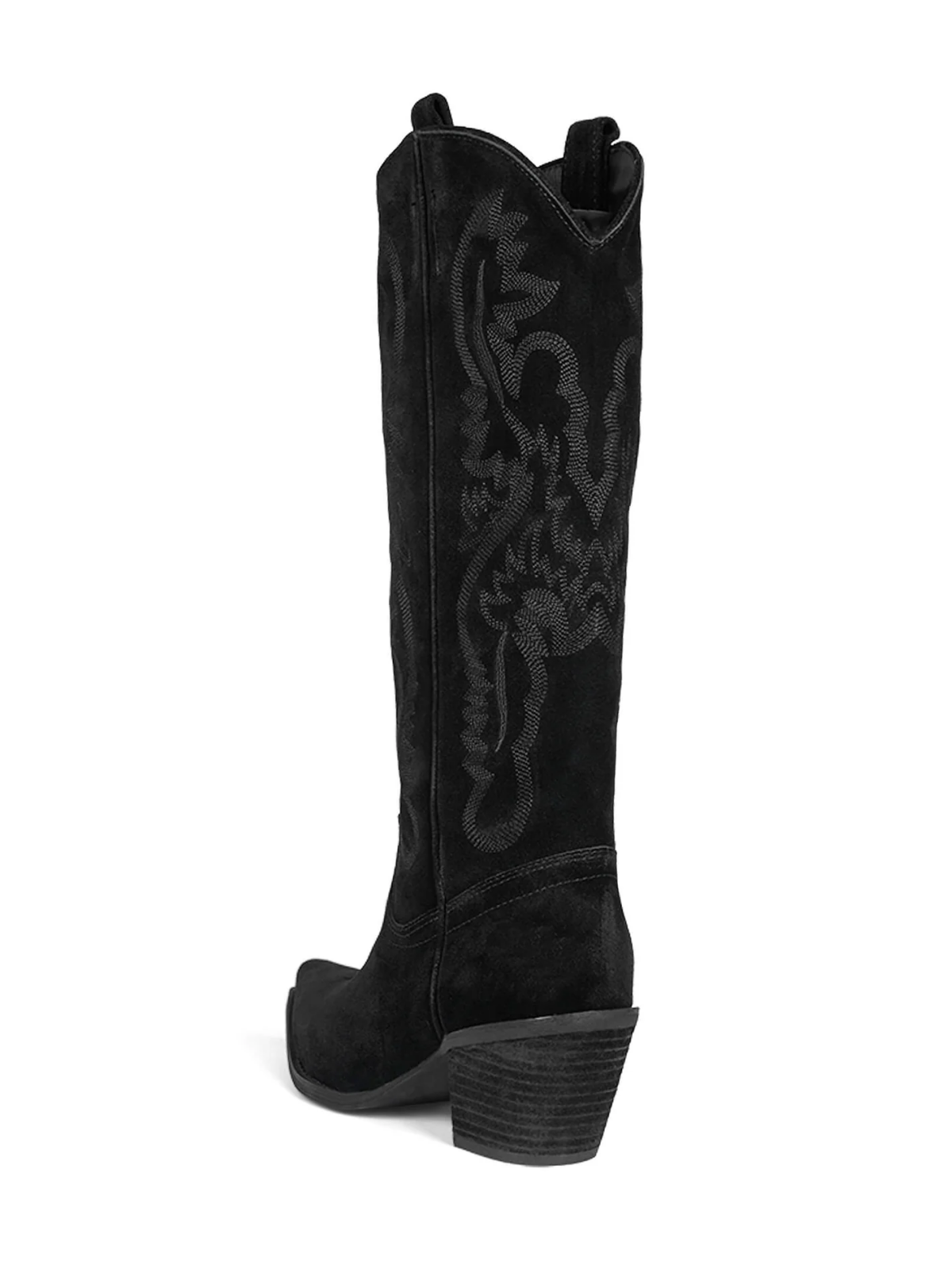 Faux Suede Snip-Toe Classic Embroidery Wide Mid Calf Cowgirl Boots - Black