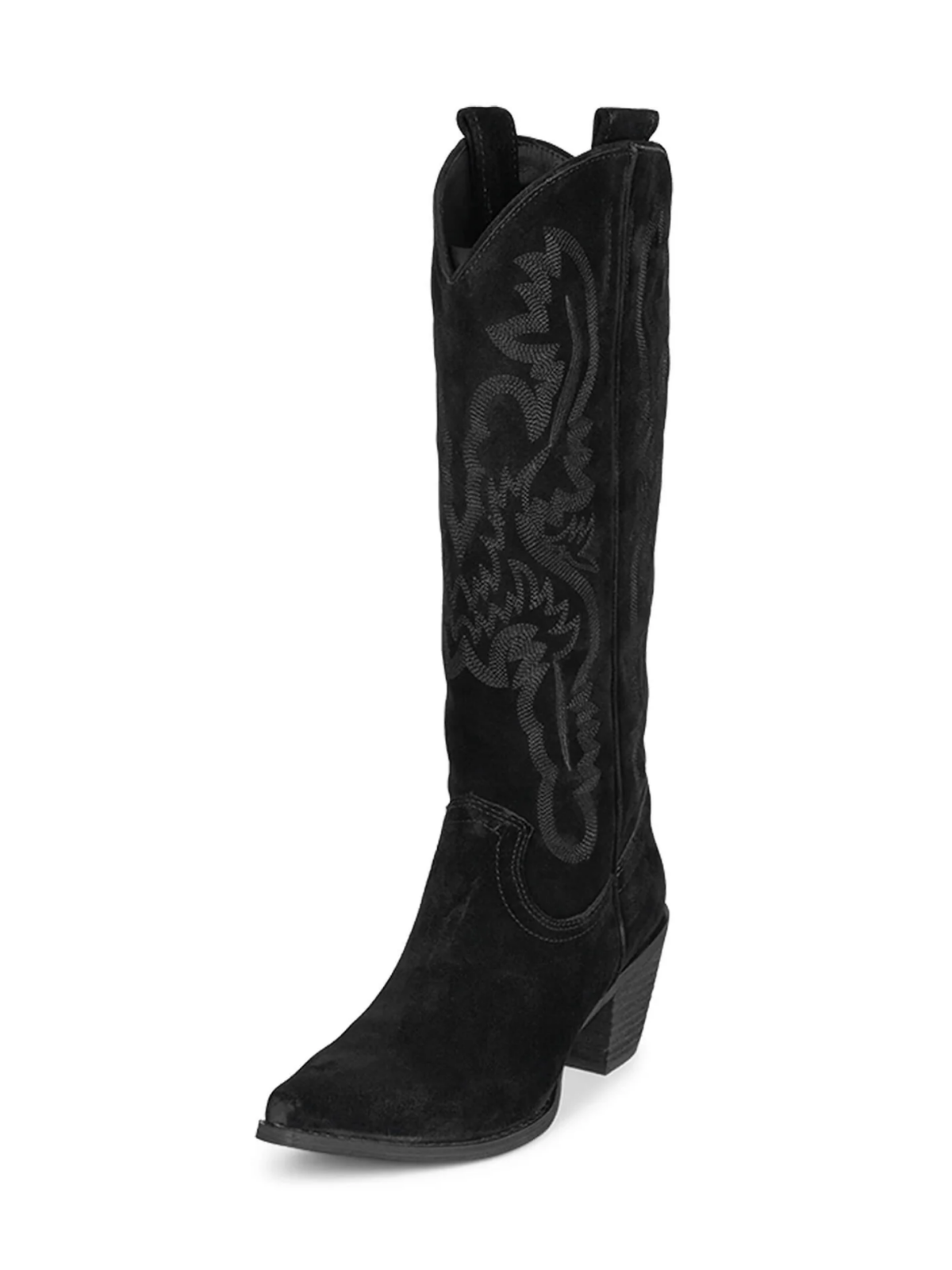 Faux Suede Snip-Toe Classic Embroidery Wide Mid Calf Cowgirl Boots - Black