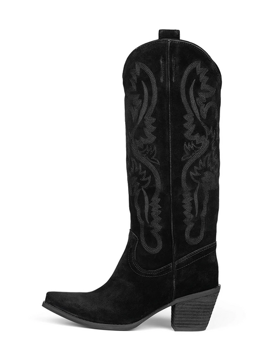 Faux Suede Snip-Toe Classic Embroidery Wide Mid Calf Cowgirl Boots - Black