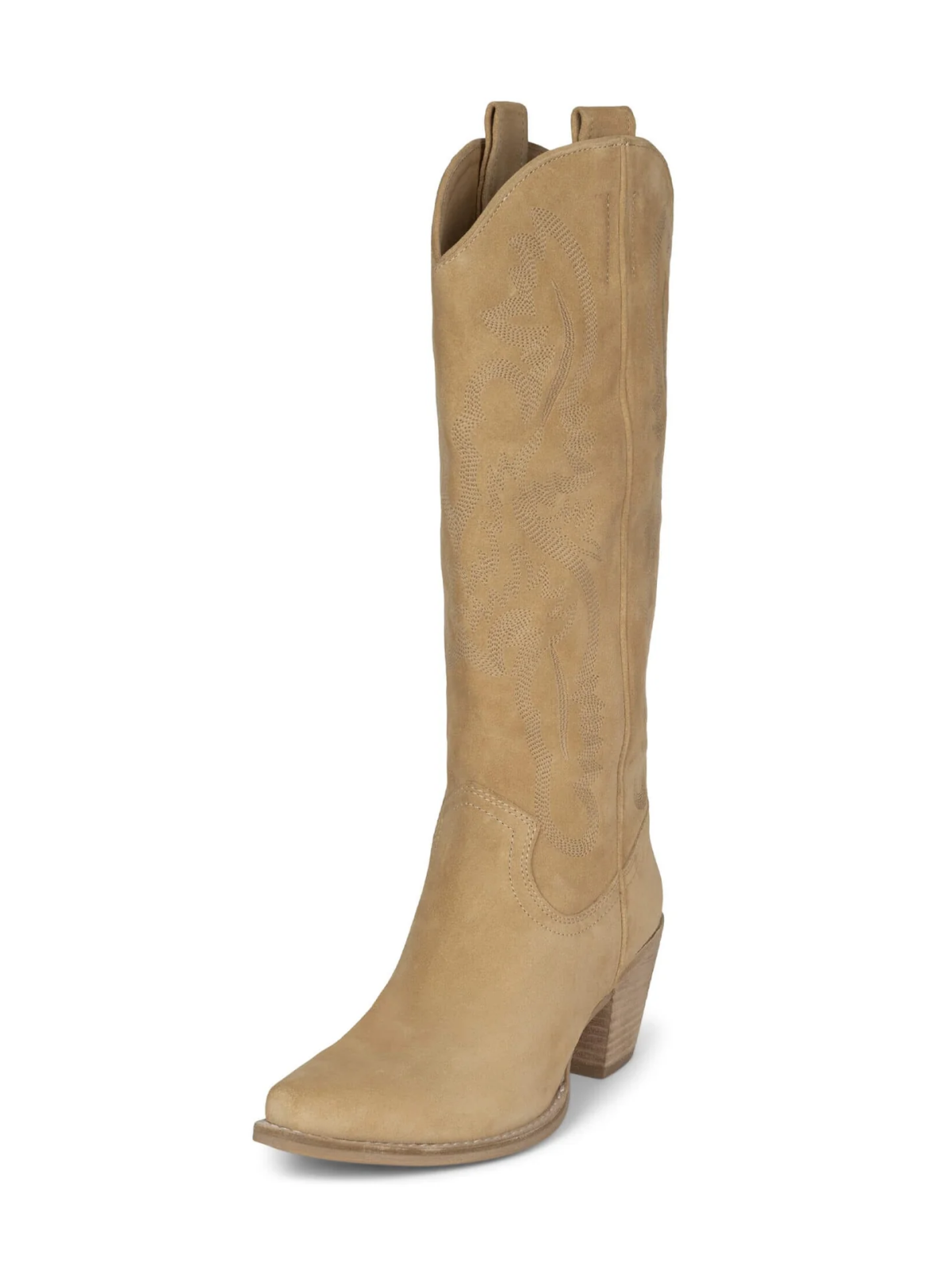 Faux Suede Snip-Toe Classic Embroidery Wide Mid Calf Cowgirl Boots - Beige