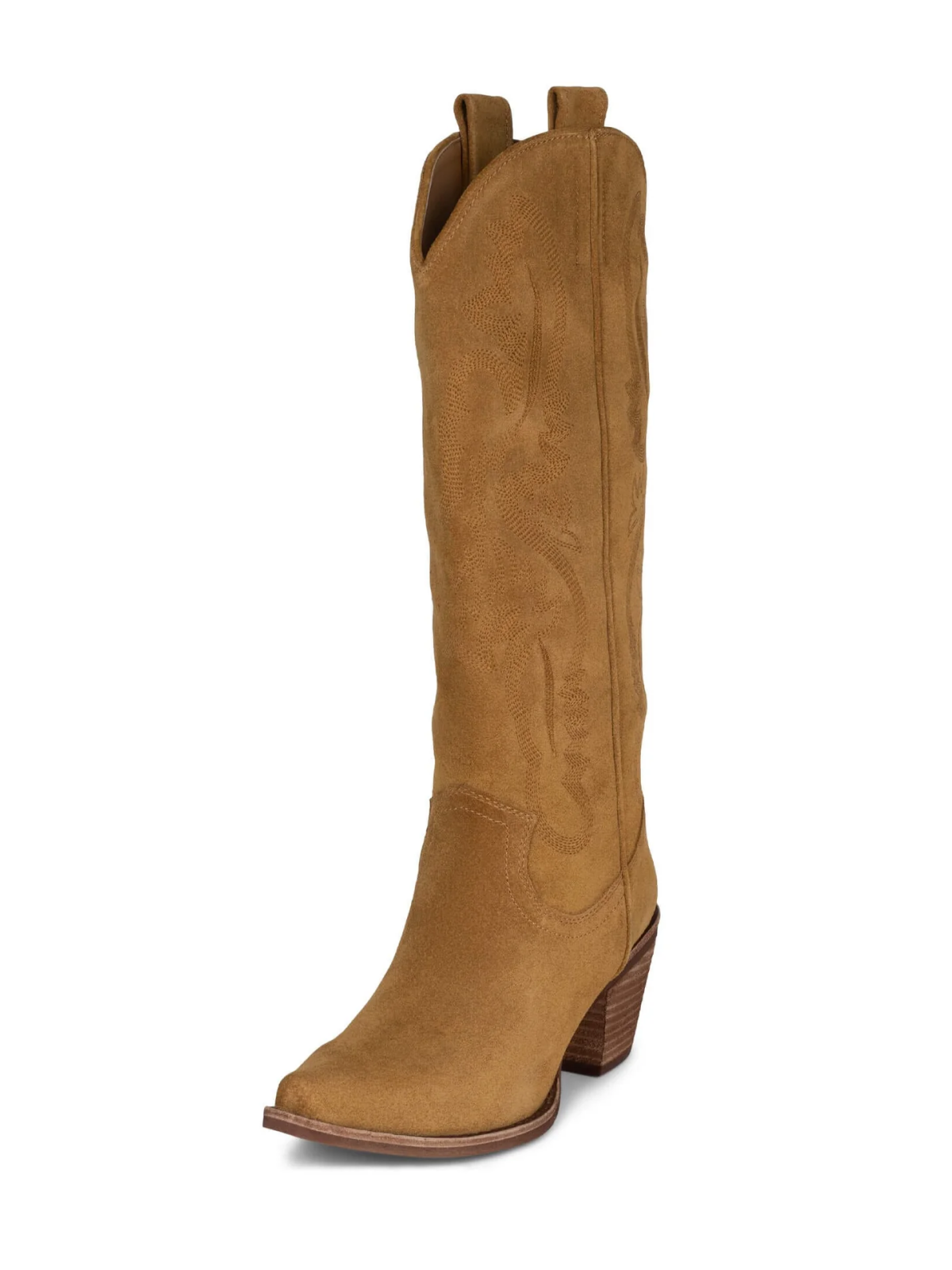 Faux Suede Snip-Toe Classic Embroidery Wide Mid Calf Cowgirl Boots - Tan