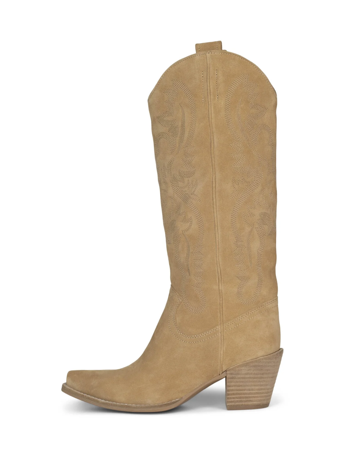 Faux Suede Snip-Toe Classic Embroidery Wide Mid Calf Cowgirl Boots - Beige