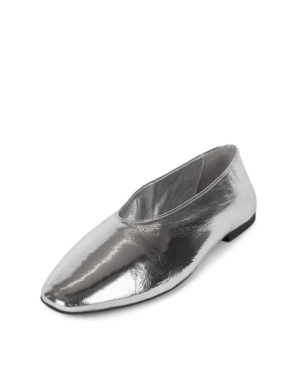 Silver Metallic Crinkle High-Vamp Almond-Toe Flats