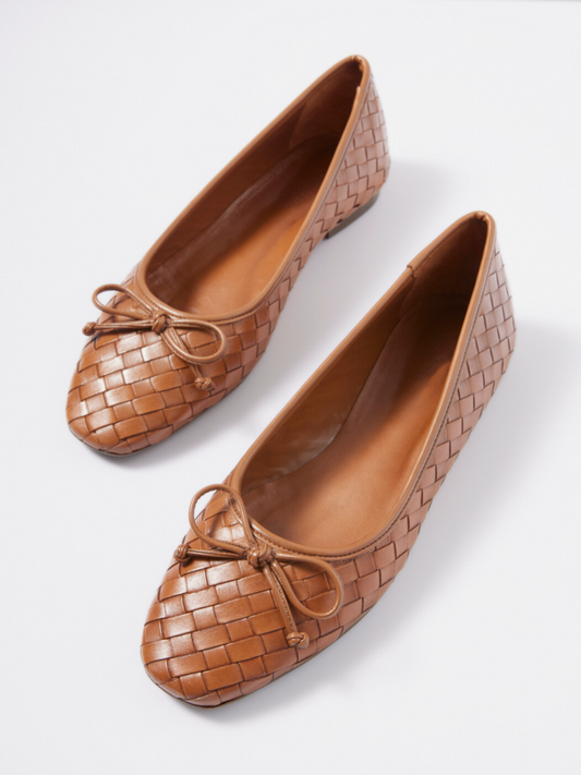 Brown Bow Boho Woven Square-Toe Ballet Flats