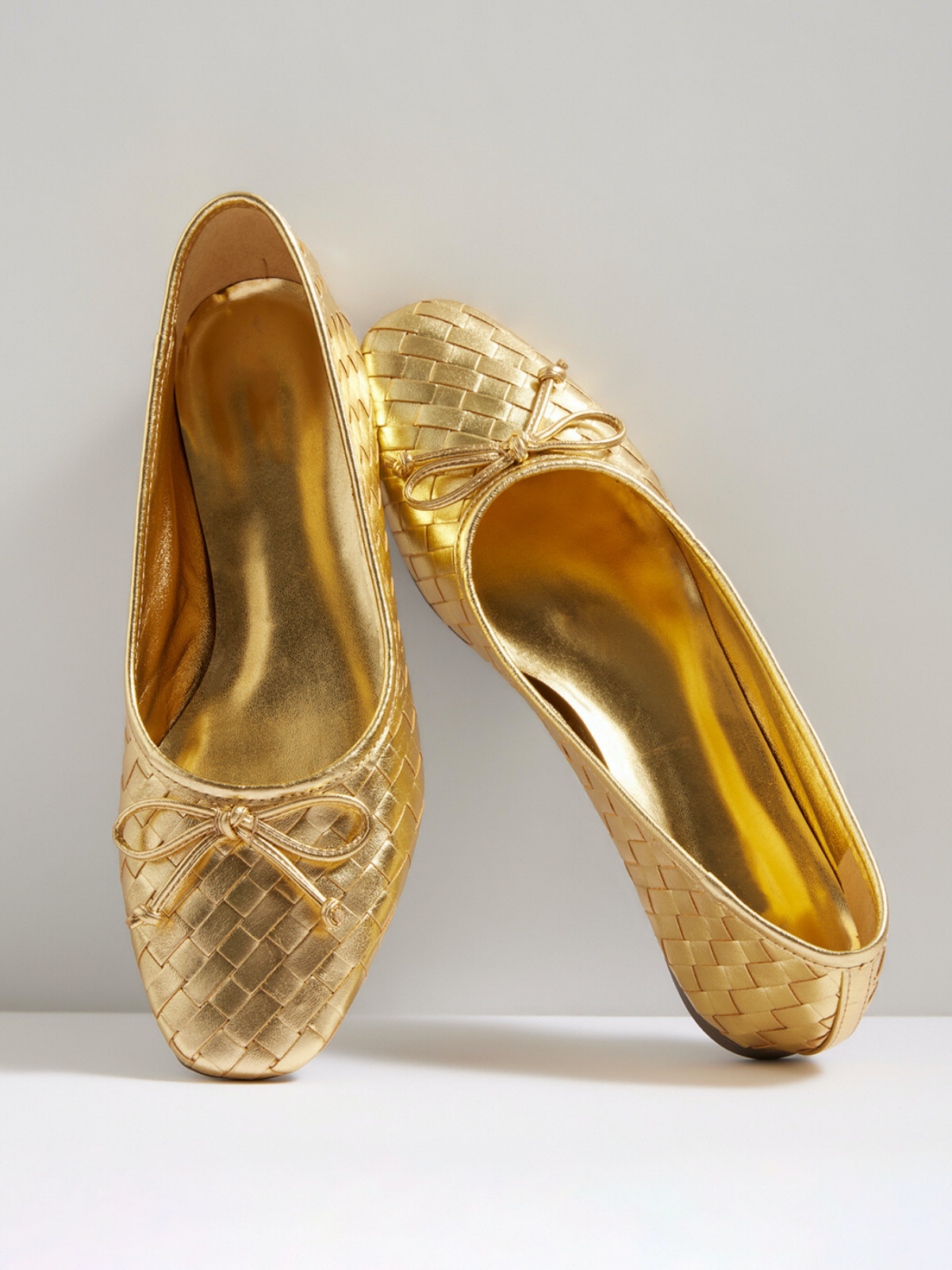 Metallic Gold Bow Woven Square-Toe Ballet Flats