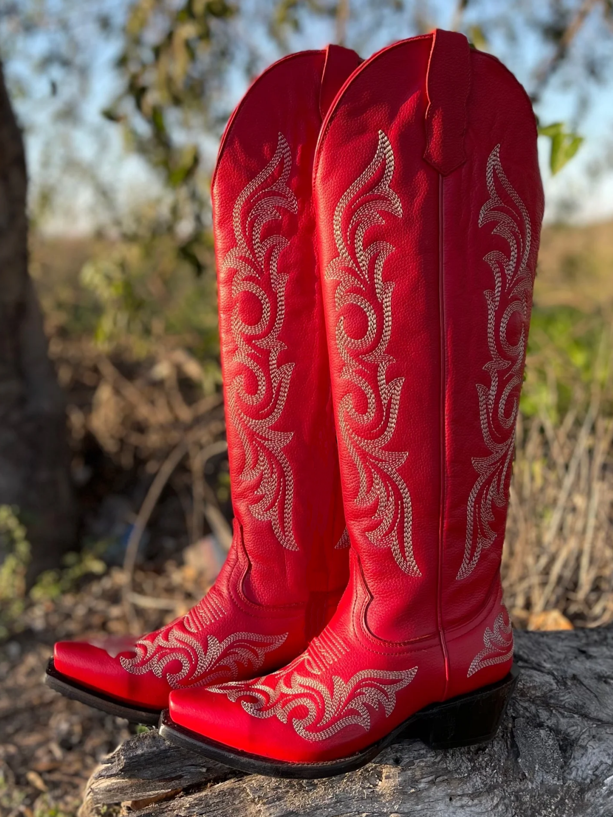 Red Embroidery Snip-Toe Wide Calf Western Boots Knee High Tall Boots