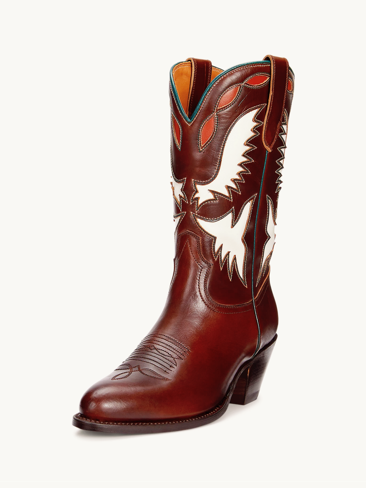 Dark Brown Almond-Toe Cream Wings Inlay Applique Wide Mid Calf Tall Cowgirl Boots