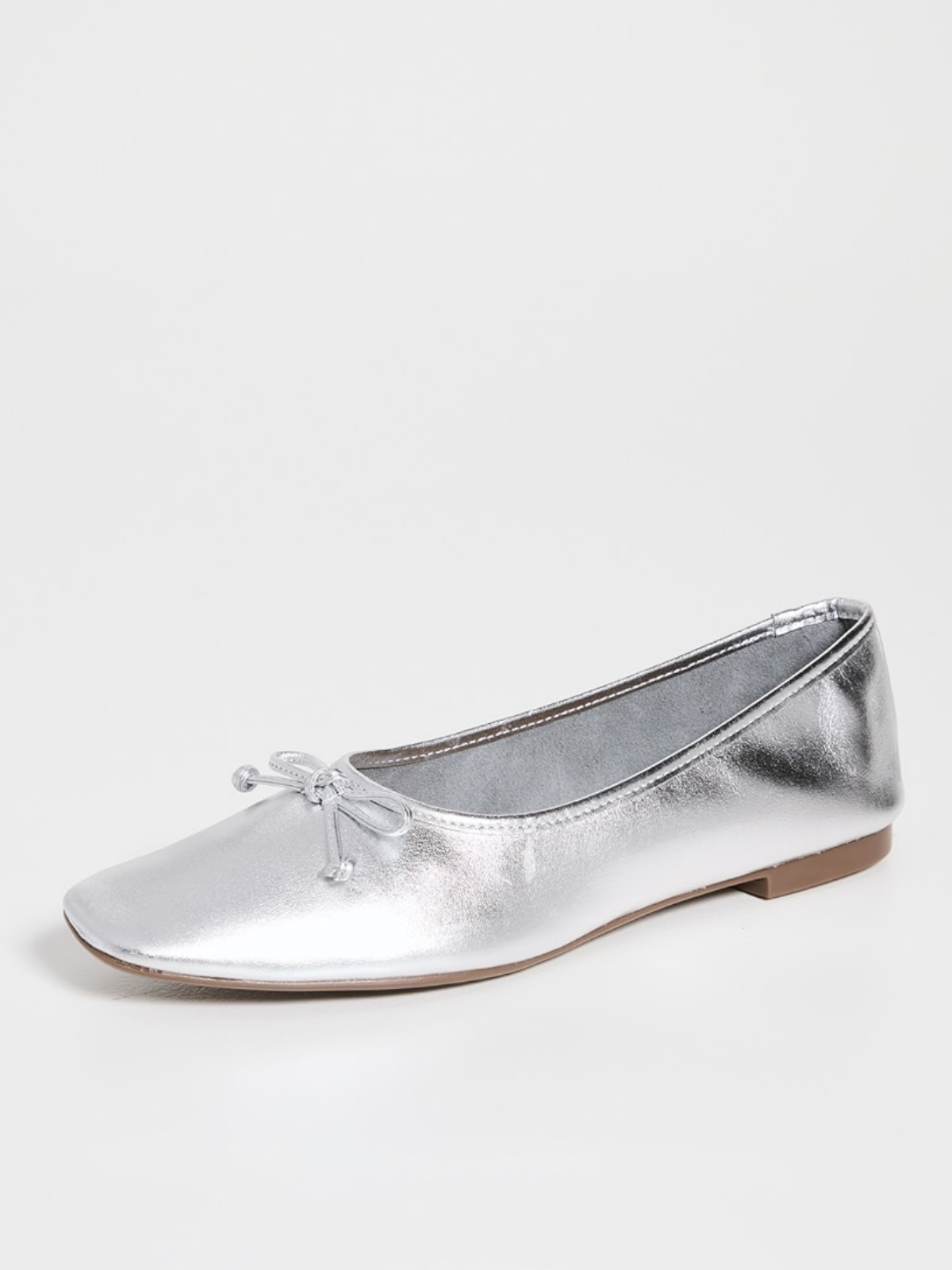 Metallic Silver Bow Square-Toe Slip-On Ballet Flats