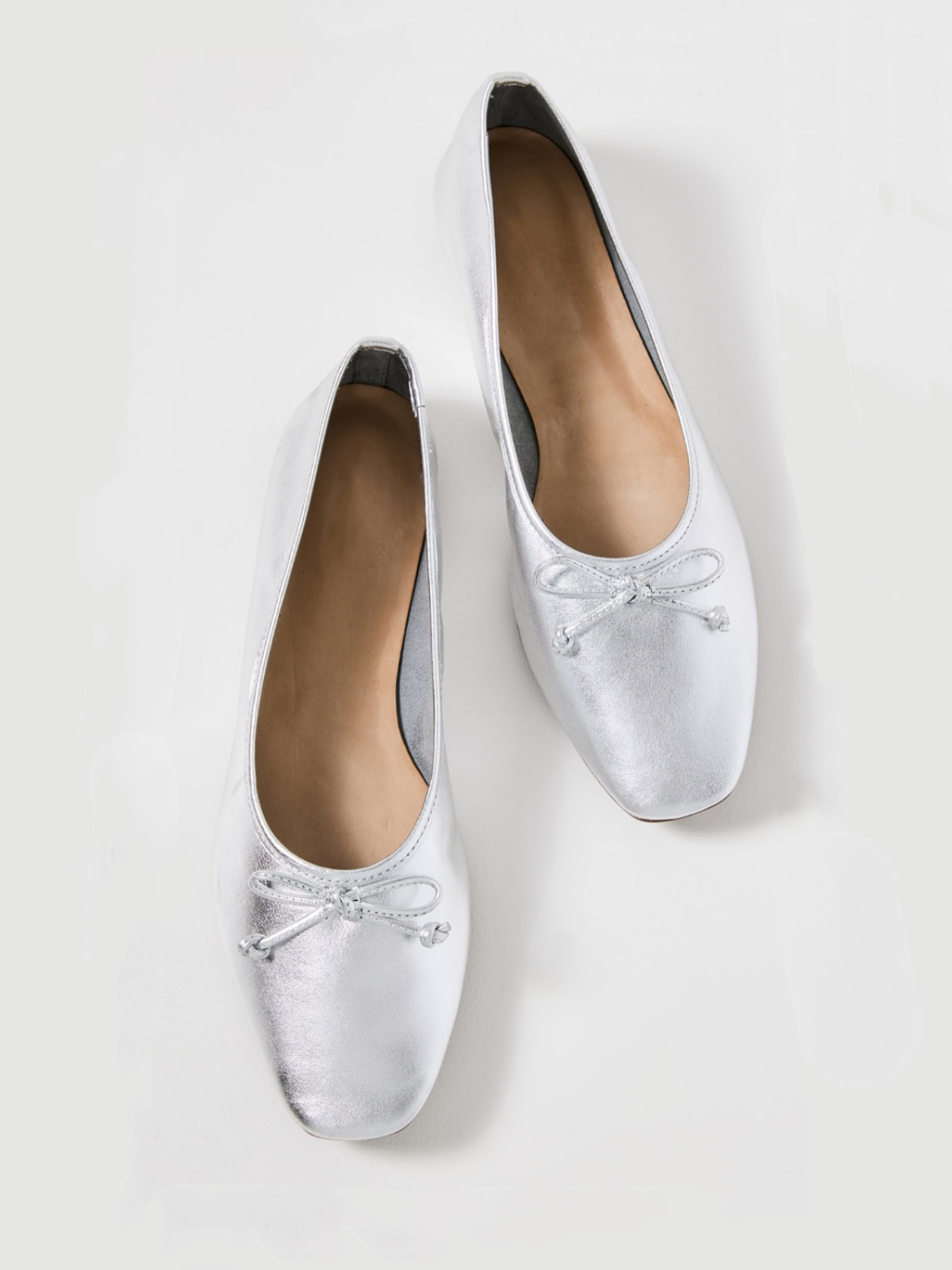 Metallic Silver Bow Square-Toe Slip-On Ballet Flats