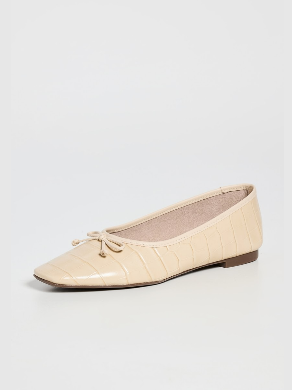 Eggshell White Crocodile Embossed Bow Square Toe Ballet Flats