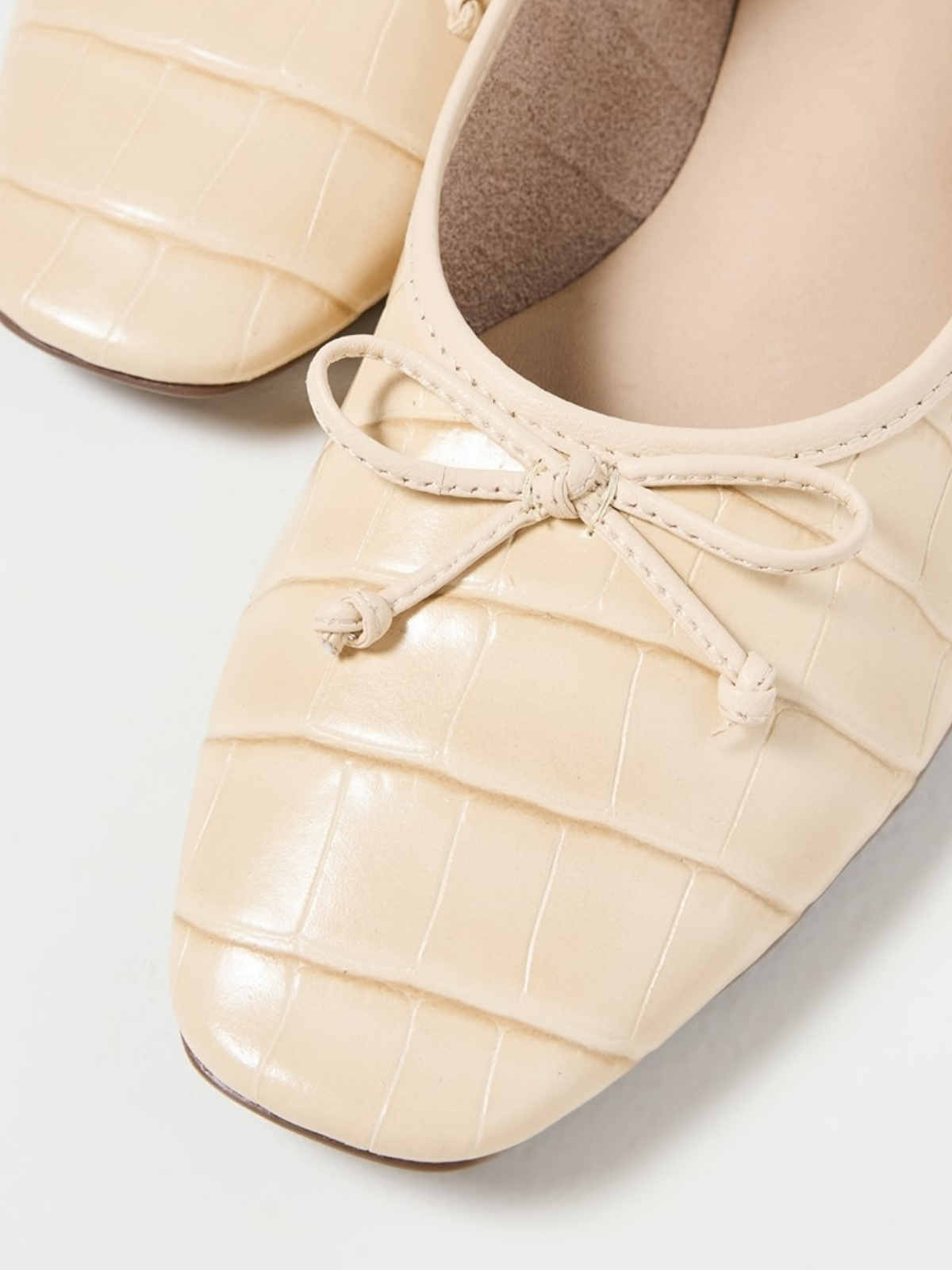 Eggshell White Crocodile Embossed Bow Square Toe Ballet Flats