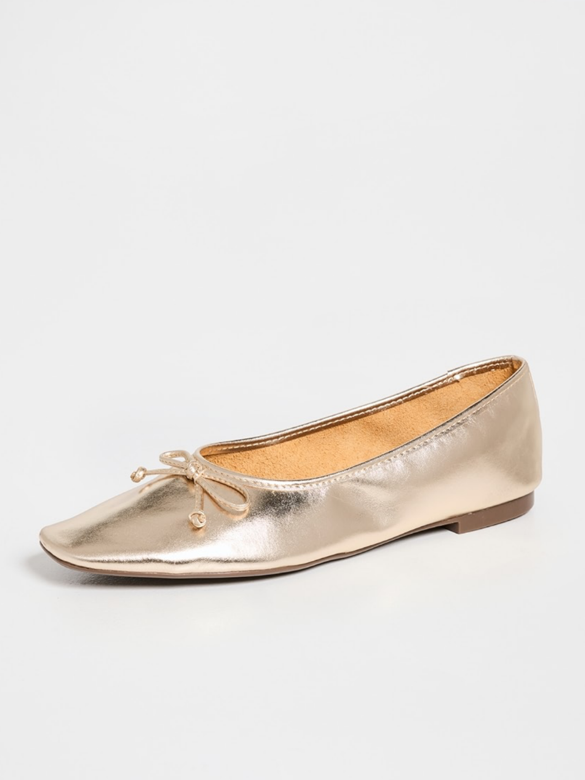 Metallic Gold Bow Square-Toe Slip-On Ballet Flats