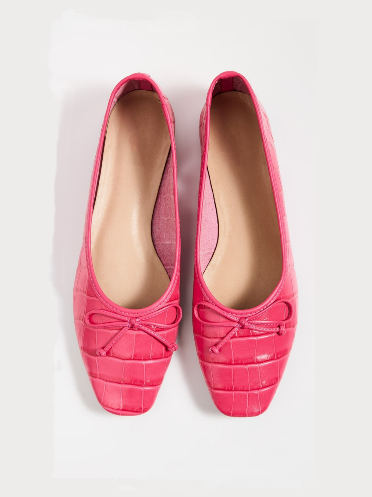 Cerise Pink Crocodile Embossed Bow Square Toe Ballet Flats