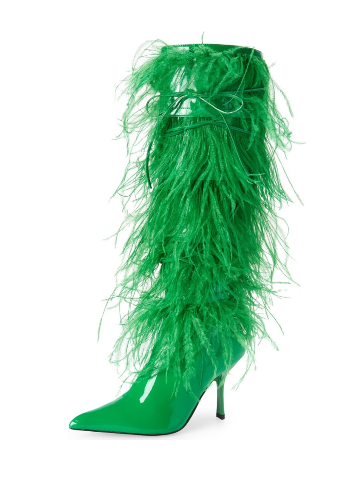 Patent Leather Pointed-Toe Faux Feather Wide Mid Calf Stiletto Boots - Green