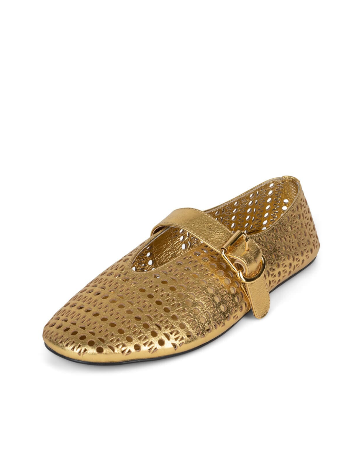 Metallic Gold Perforated Flats Cutout Mary Janes With Buckled Strap