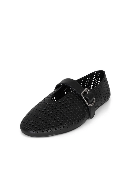 Black Perforated Flats Cutout Mary Janes With Buckled Strap