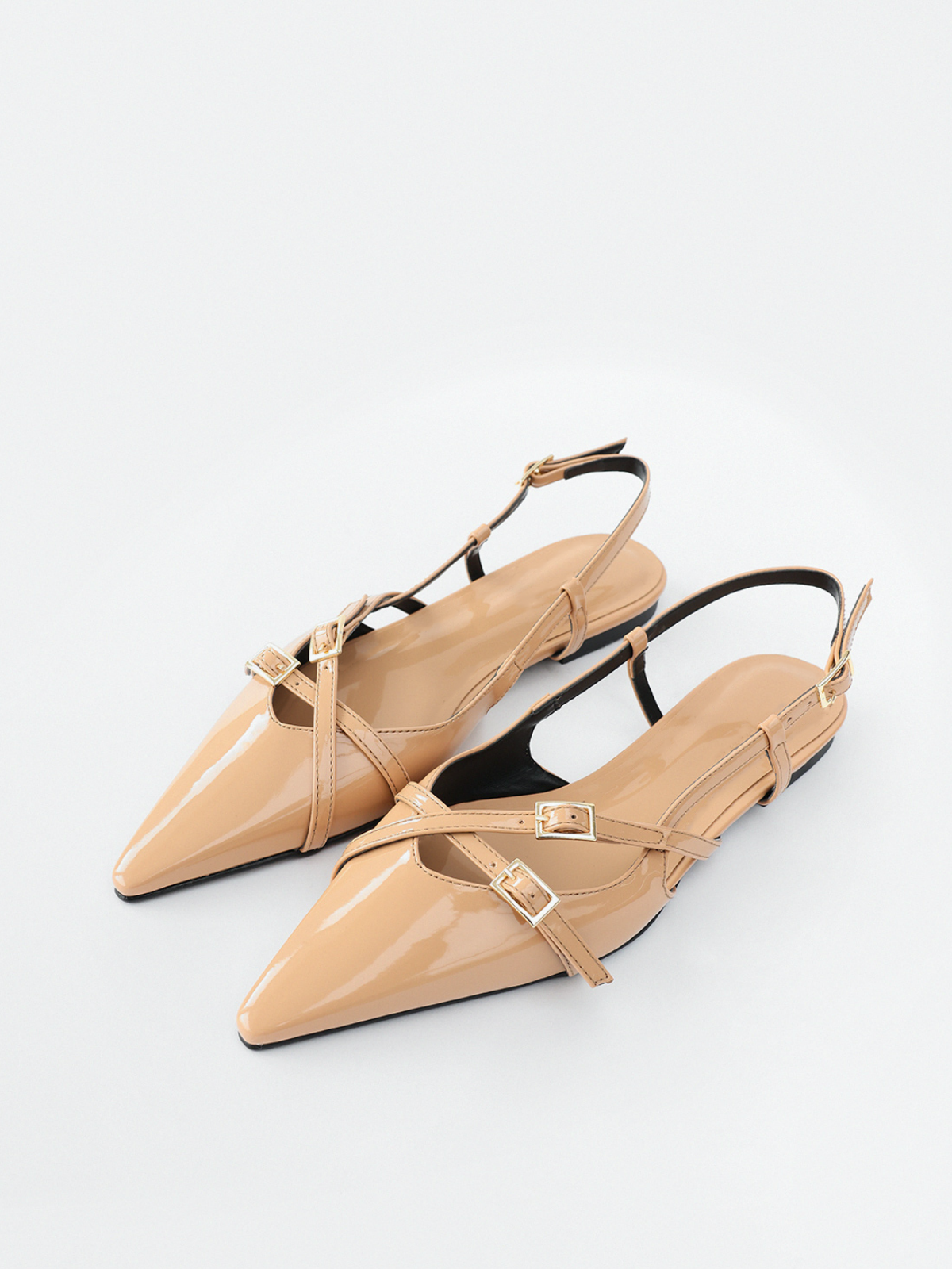 Nude Patent Buckle Detailed Pointy-Toe Ballet Flats Slingbacks