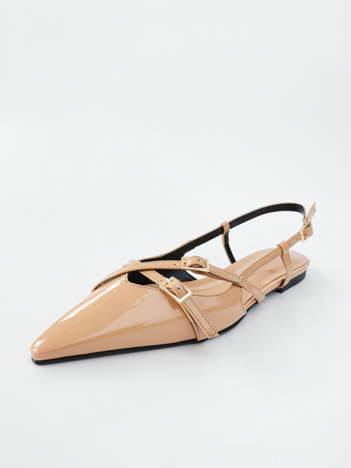 Nude Patent Buckle Detailed Pointy-Toe Ballet Flats Slingbacks